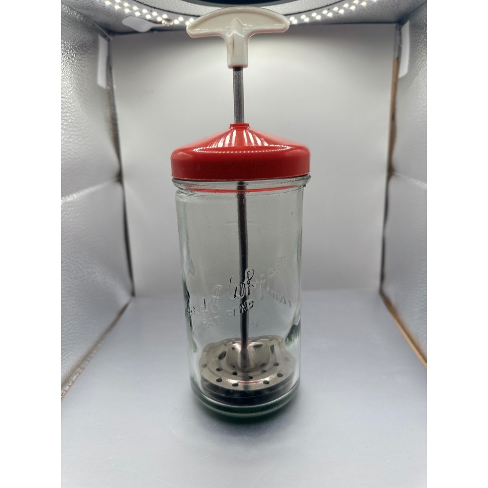 Vintage Speed-E-Whipper Glass Cream Whipper Red Lid Manual Hand Frother Mixer